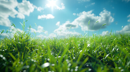 An idyllic sunny spring meadow with lush green grass and a clear blue sky, creating a peaceful and serene atmosphere perfect for relaxation and enjoyment.