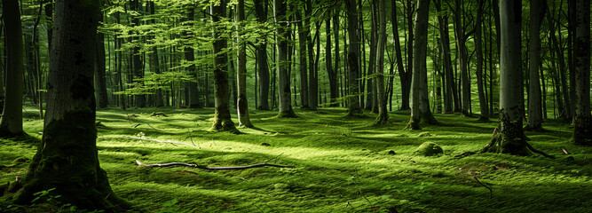 Green summer forest landscape serene graphic design. Nature background panoramic