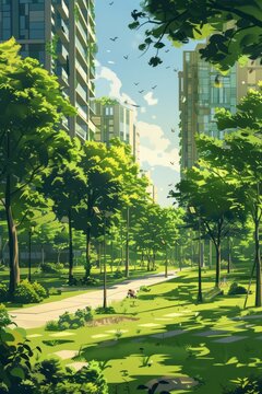 The painting depicts an urban park with lush trees and various buildings in the background. The scene captures the harmonious coexistence of nature and architecture in a city setting