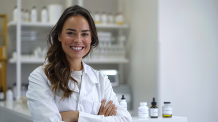 Confident female pharmacist in lab coat smiling with arms crossed
