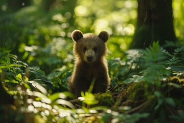 Shaggy Baby bear forest. Cute and very fluffy animal with brown hair walking around. Generate AI