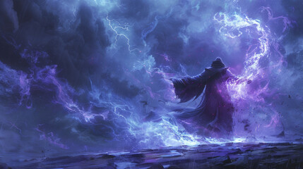 A dark and mysterious gothic depiction of a warlock casting a powerful spell in a stormy and arcane setting