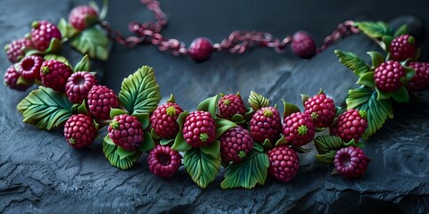 beautiful fantasy necklace made of chain and raspberries and leaves