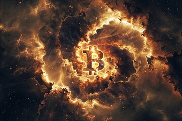 An awe-inspiring phenomenon as the cosmos aligns to reveal the Bitcoin symbol, underscoring the transformative power of cryptocurrency on a galactic scale. - obrazy, fototapety, plakaty
