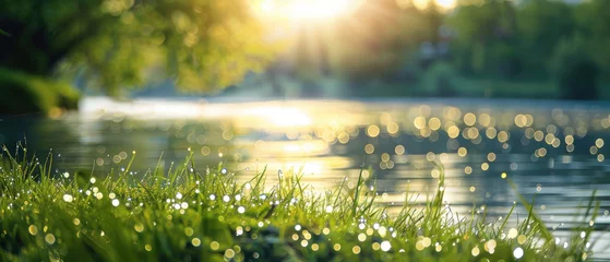 Foto op Canvas Dewdrops glistened on the fresh green grass by the river against the backdrop of trees in the distance and sunlight reflected on the calm surface of the water created with Generative AI Technology © AstraNova