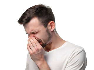 man holds his nose to pain
