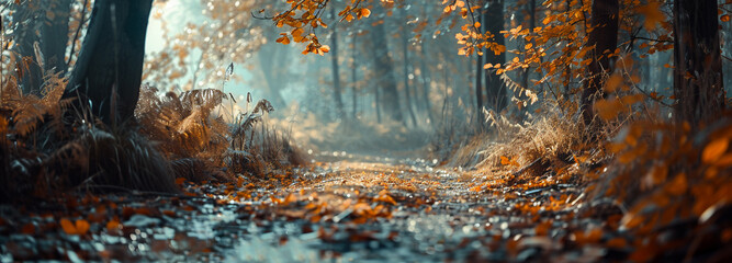 Golden autumn forest path in serene landscape background design