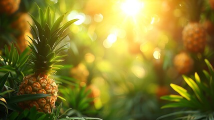 Golden sunlight filters through a lush pineapple farm; Beautiful landscape of a sunlit pineapple...