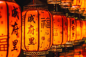 Lanterns hung at night in Qifuli Ancient Street, Penglai