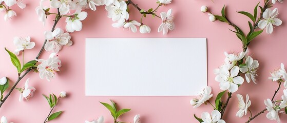 Fototapeta premium A blank greeting card surrounded by beautiful white spring blossoms on a pink background