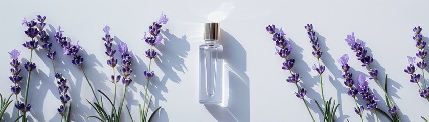 A clear bottle of essential lavender oil next to fresh lavender blooms on a pristine white surface.