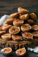 Displaying dried figs on a wooden platter to showcase their elegance, shape, and sweetness.