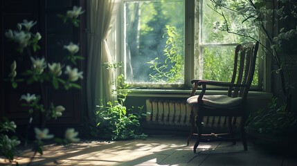 A quiet indoor room, with an old-fashioned chair close to the window