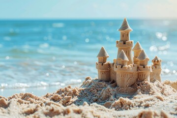 Close-up of a sandcastle on a beach with a blurred background of sea and cliffs. Beautiful simple AI generated image in 4K, unique. - obrazy, fototapety, plakaty