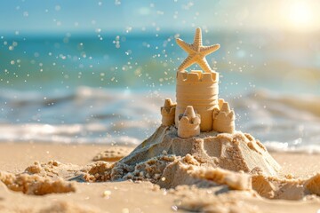 Close-up of a sandcastle on a beach with a blurred background of sea and cliffs. Beautiful simple AI generated image in 4K, unique. - obrazy, fototapety, plakaty