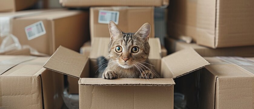 A curious domestic cat sits inside a cardboard box