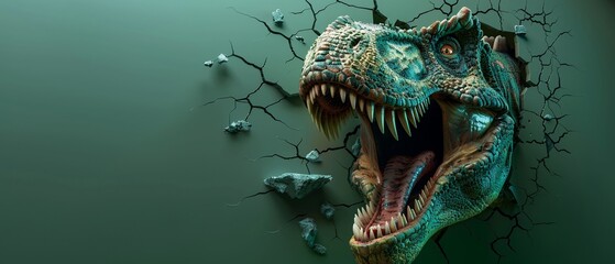 A fierce dinosaur head breaking out of a green wall