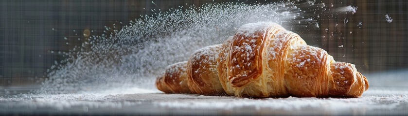 A freshly baked croissant is dusted with sprinkles of sugar