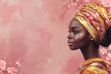Elegant African Woman in Vibrant Attire Against Pink Textured Background