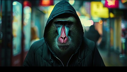 A mandrill monkey wearing an urban hoodie, staring intently in a futuristic urban corridor, blurring the line between human and animal