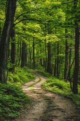 A panoramic view of an enchanted forest pathway surrounded by a canopy of green trees