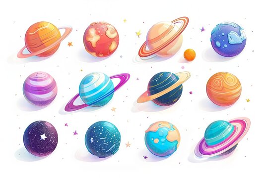 Cartoon cosmic set, planets in clay material, isometric view, 3D shiny, cute, pastels, warm light, white background, HD, trending on Dribbble