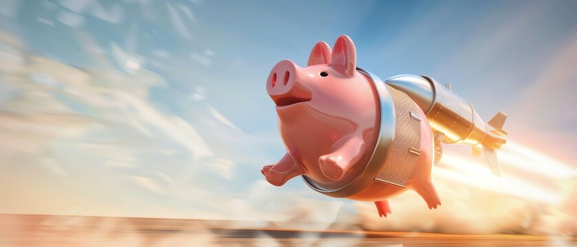 A piggy bank with a jetpack flies through the air, humorously illustrating the concept of rapid financial growth or savings acceleration