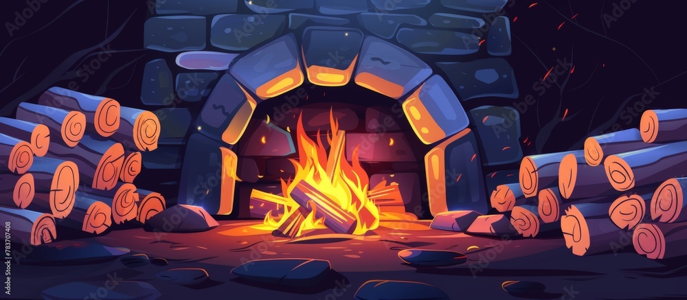 Poster Burning firewood in a fireplace surrounded by logs, creating a cozy ambiance