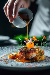 A sophisticated culinary presentation of a gourmet dish with a hand pouring a delicate sauce over a pureed garnish and roasted food. - obrazy, fototapety, plakaty