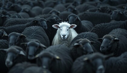 A single white sheep looks directly at the camera while standing amidst a flock of black sheep,...