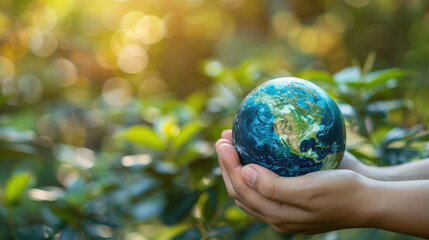 woman hand holding blue green earth globe sphere in environmental protection concept with blurred sunlight bokeh green forest plants in background created with Generative AI Technology