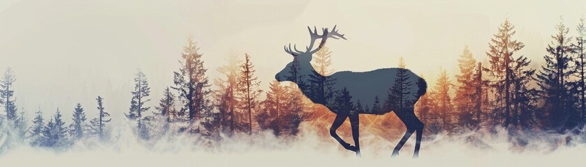Artistic double exposure image of a deer silhouette blending with a serene forest landscape. - obrazy, fototapety, plakaty