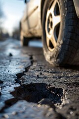 Close-up of a car tire near a dangerous pothole on a worn asphalt road