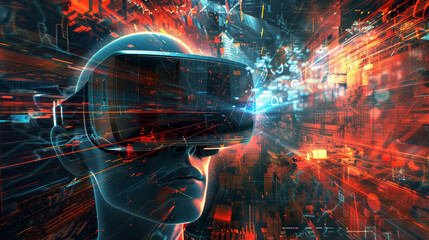Person in VR headset immersed in a digital cityscape