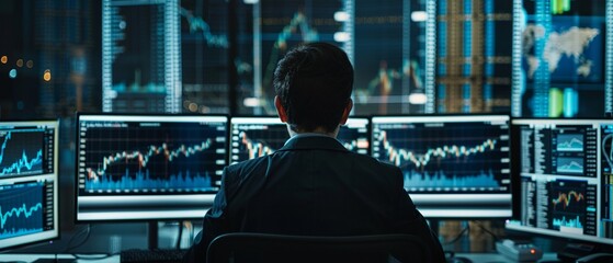 Financial trading data is meticulously analyzed across multiple computer screens in a dark