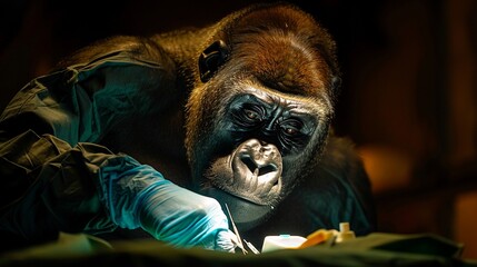 A gorilla performing delicate transplantation operations