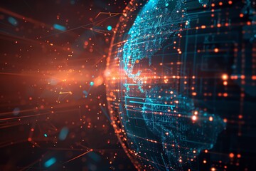 Glowing digital lines and nodes encircle a holographic globe, representing global data connectivity and network