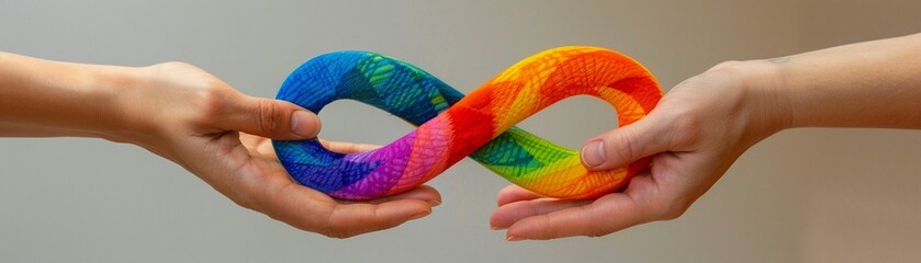 Hands gently hold a rainbow-colored infinity symbol representing concepts such as endless possibilities
