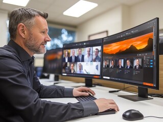 A man is sitting in front of two computer monitors, one of which is displaying a sunset. He is smiling and he is enjoying his work