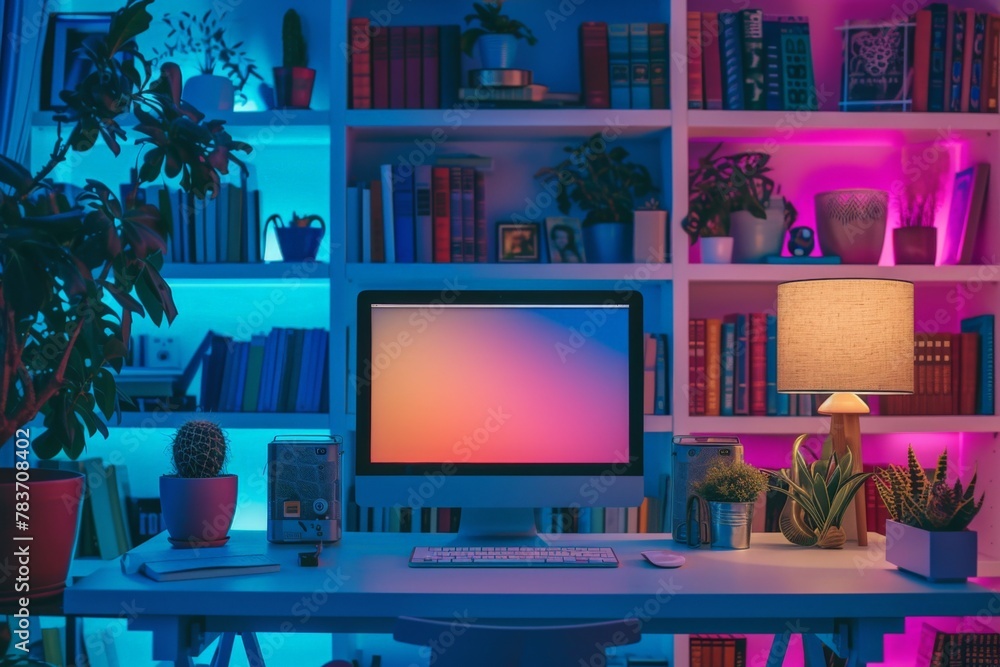 Poster modern computer on desk in front of colorful lights bookshelf in contemporary office setting