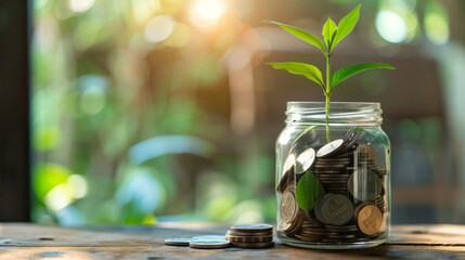 Fototapeta na wymiar Plant growing from coins inside a glass jar on a wooden surface, concept of financial growth