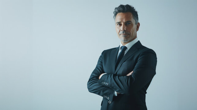 Professional Confident middle-aged businessman in black suit and tie with arms crossed standing isolated on white background created with Generative AI Technology