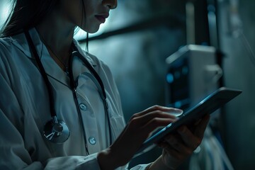 Close-up, female physician using tablet, stethoscope visible, medical app interface, hospital ambiance, cinematic style, dim lighting.