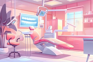 Comfortable dental patient, ceiling-mounted ad screen, soft pastel clinic setting, detailed vector illustration.