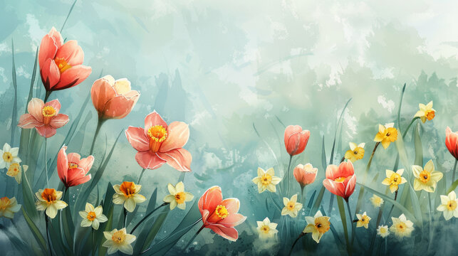 Beautiful spring flower watercolor painting with tulips and daffodils in soft pastel colors