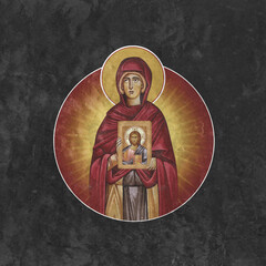 Christian traditional image of Sv. Petka (Saint Parascheva of the Balkans). Religious round medallion on black stone wall background in Byzantine style