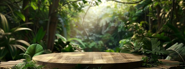 Wooden round table with green leaves in a jungle forest background banner mockup for product display presentation and ecommerce design concept - Powered by Adobe