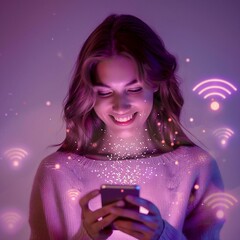 smile European young woman, face looking straight, holding a phone in her hands, phone shining, face illuminated by light, extreme high-angle, from above, Wi-Fi icons flying around, on a purple backgr
