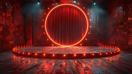 Empty theater stage with red velvet curtains. 3d illustration, Generative AI.