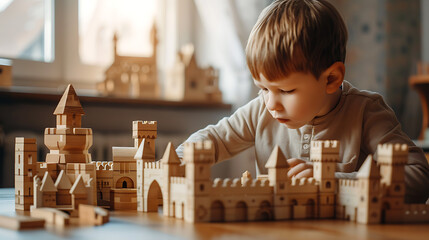 Cute little boy playing with wooden building blocks at home. Early development concept